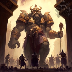 An enormous horned mesopotamian god, Ba'al Hadad, clad in gold armor, stomps into a city as the guards prepare a futile defense around his feet.