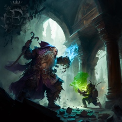 A bald wizard with a horned staff casts a blue magic spell against a tiny goblin casting a green spell, underneath the ruins of a temple.