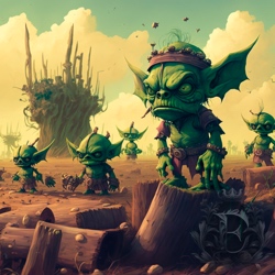 Goblins stand on stumps and cut logs in a devastated wasteland. In the background, misshapen trees rise from the horizon.