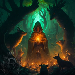 A hooded manaweaver holds a magical flame as strange wild animals and trees watch.