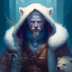 Aquilo, the Polar Baron, poses for a portrait in layered clothing and a polar bear hood, with a bear cub at his side.