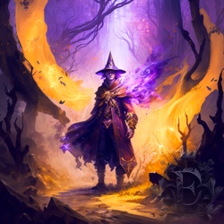 Archsorcerer Malfernes stands in the primeval forest in his violet and gold cloak, tunic, and hat. His cloak blows on the wind as magic twinkles out of it. Around Malfernes, swirls of golden magic stir the leaves as he prepares a spell.
