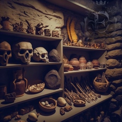 Shelves in a cave hold skulls and primitive artifacts