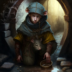 A boy wearing ratty clothes and a hat with rat ears fills his pail with sewer water while his pet rat watches from his lap.