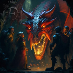 A colossal red dragon lights up the vast, dark cave with fire in her mouth and her bright eyes, as four adventurers negotiate their fate.