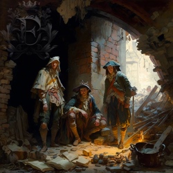 Three scruffy bandits in layers of tattered clothing make camp in the ruins of a brick building.