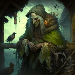A yellow-eyed old crone in a shabby green shawl, the Swamp Hag, leans on the railing of her stilt house, with two birds.