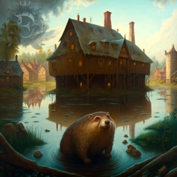 A dire beaver sits in the water in front of its dam, beaming with pride at the home it has created. In the background, a village is inundated with water as the lake rises.