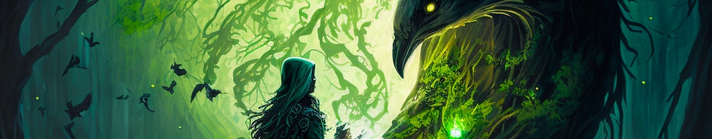 A hooded woman casts a green, smoky spell in front of a giant crow