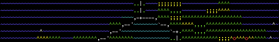 EmpireMUD banner showing the ASCII map with the edge of a continent, a lake, a road, some crops, and a forest.