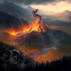 Smoke fills the air as a long, serpentine red dragon arches up into the air from the enormous wildfire that is spreading down a mountainside and through a forest.