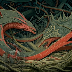Giant red and green serragons -- worm-like creatures with ribbon-like frills, dagger-like teeth, and serrated scales -- swirl in a nest pit made of roots and debris.