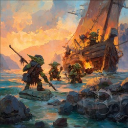 A group of goblins stand in the shallow water on the coast in front of a crashed ship with another goblin on board. One goblin wields a spear while another holds a burning bucket.