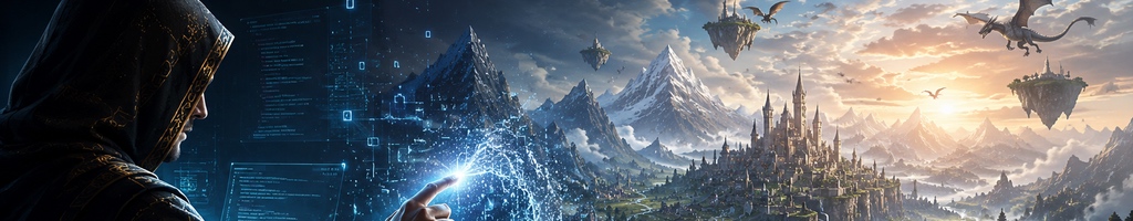 A hooded person sitting at a futuristic computer display touches the screen, creating a fantasy world with an electric touch. The fantasy world has a towering city and distant mountains, floating islands, and dragons in the sky.